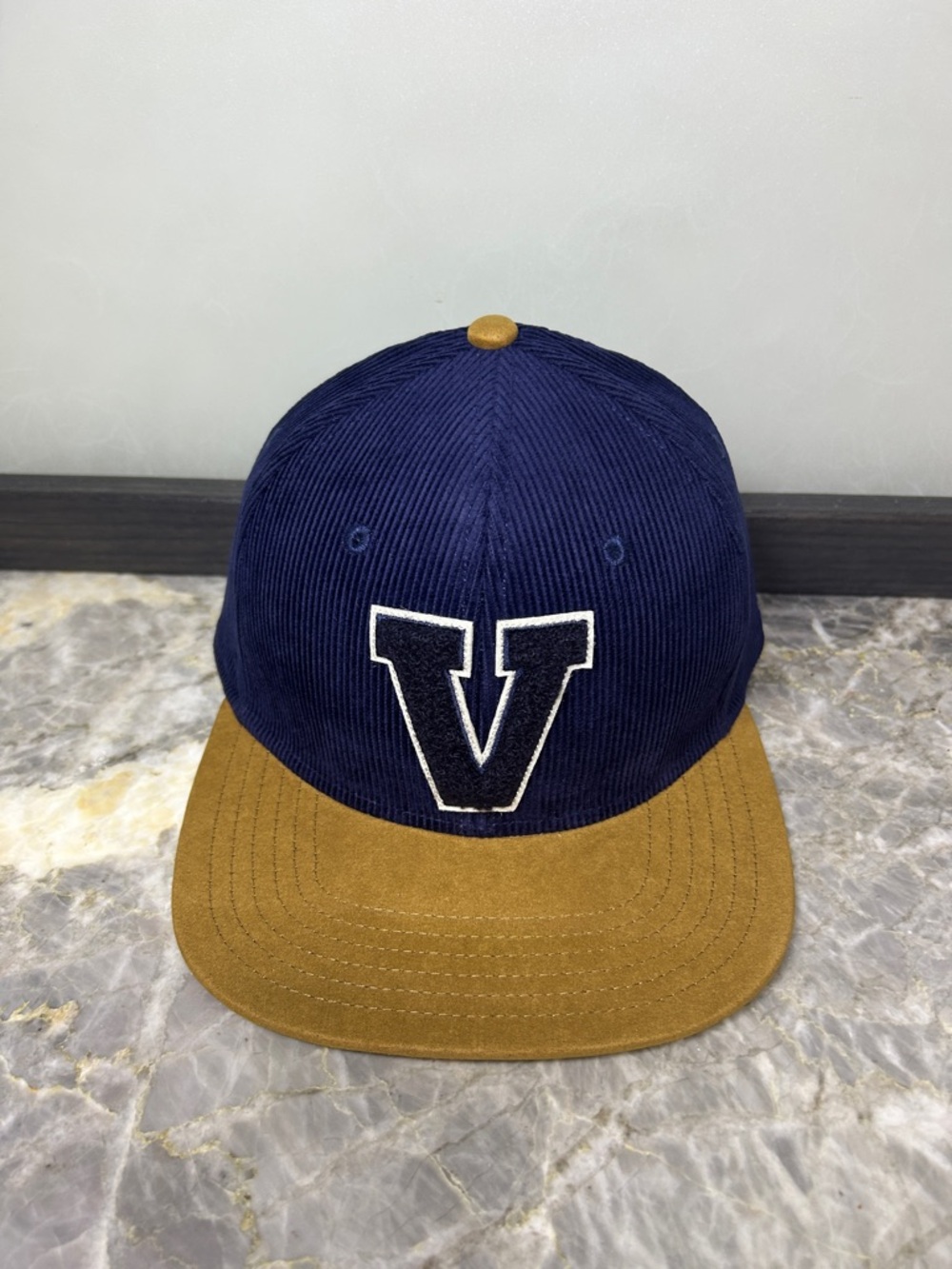 Vineyard Vines Navy Corduroy Cap with Brown Brim and 'V' Patch